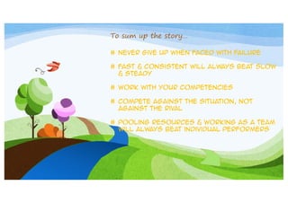 To sum up the story…
# Never give up when faced with failure
# Fast & consistent will always beat slow
& steady
# Work with your competencies
# Compete against the situation, not
against the rival
# Pooling resources & working as a team
will always beat individual performers

 