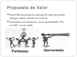 Propuesta de Valor
Desarrolla una propuesta concepto de valor que puedas
entregar a quien contrate tus servicios.
Sustentala en tus fortalezas y en las oportunidades “No
servidas” en este nicho.
 