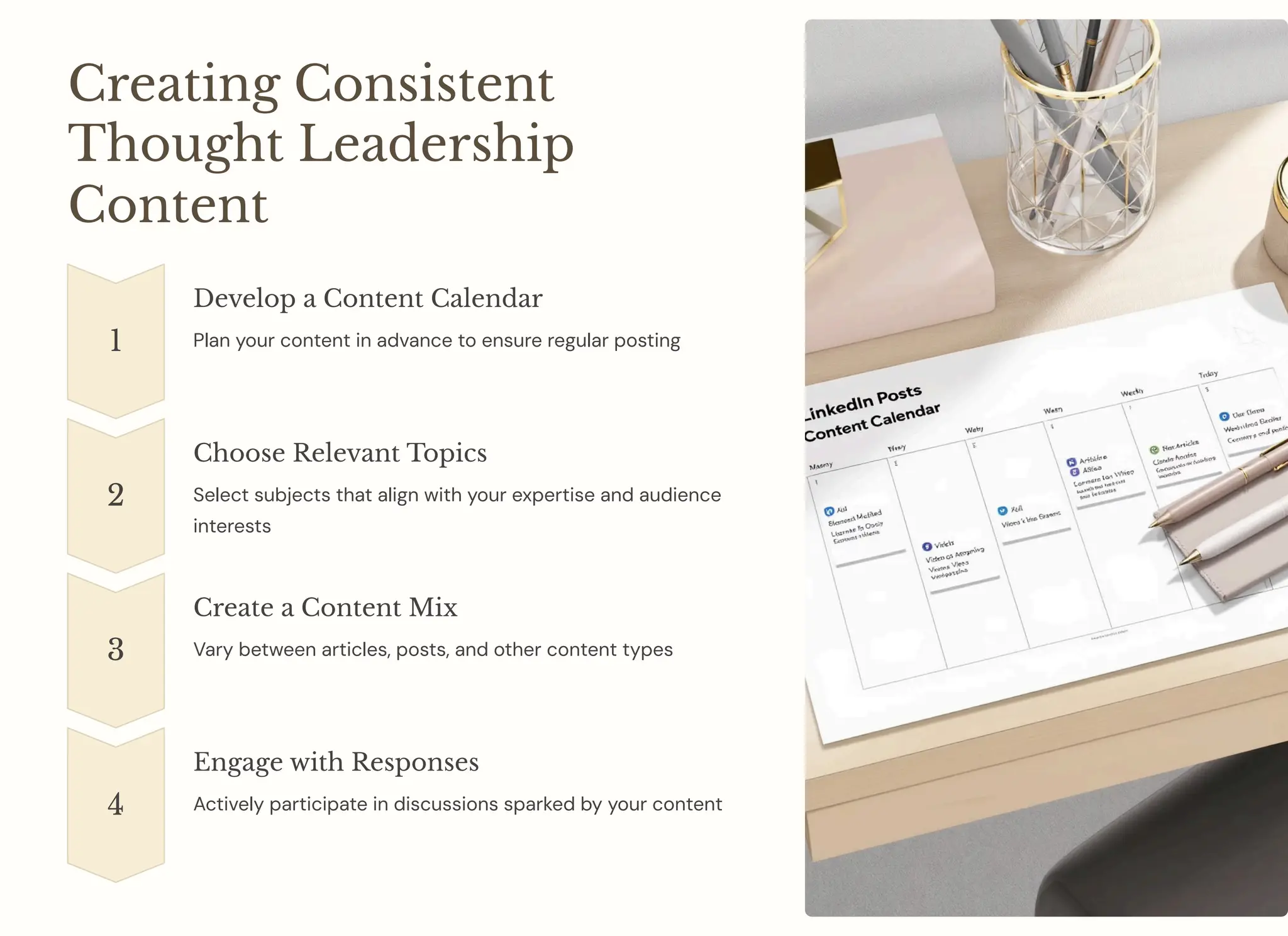 Creating Consistent
Thought Leadership
Content
1
Develop a Content Calendar
Plan your content in advance to ensure regular posting
2
Choose Relevant Topics
Select subjects that align with your expertise and audience
interests
3
Create a Content Mix
Vary between articles, posts, and other content types
4
Engage with Responses
Actively participate in discussions sparked by your content
 