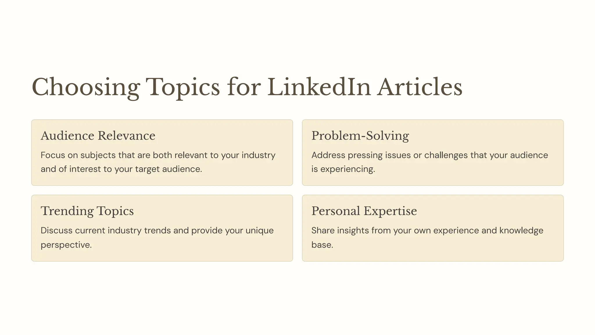 Choosing Topics for LinkedIn Articles
Audience Relevance
Focus on subjects that are both relevant to your industry
and of interest to your target audience.
Problem-Solving
Address pressing issues or challenges that your audience
is experiencing.
Trending Topics
Discuss current industry trends and provide your unique
perspective.
Personal Expertise
Share insights from your own experience and knowledge
base.
 