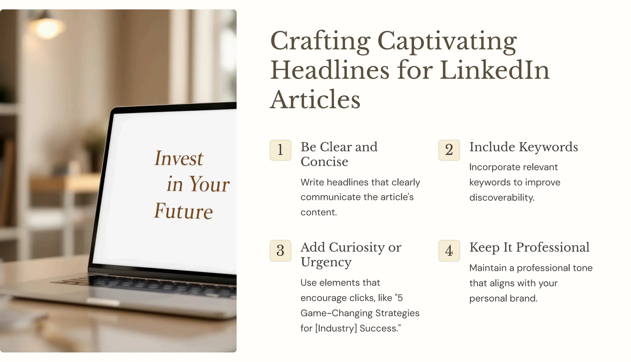 Crafting Captivating
Headlines for LinkedIn
Articles
1 Be Clear and
Concise
Write headlines that clearly
communicate the article's
content.
2 Include Keywords
Incorporate relevant
keywords to improve
discoverability.
3 Add Curiosity or
Urgency
Use elements that
encourage clicks, like "5
Game-Changing Strategies
for [Industry] Success."
4 Keep It Professional
Maintain a professional tone
that aligns with your
personal brand.
 