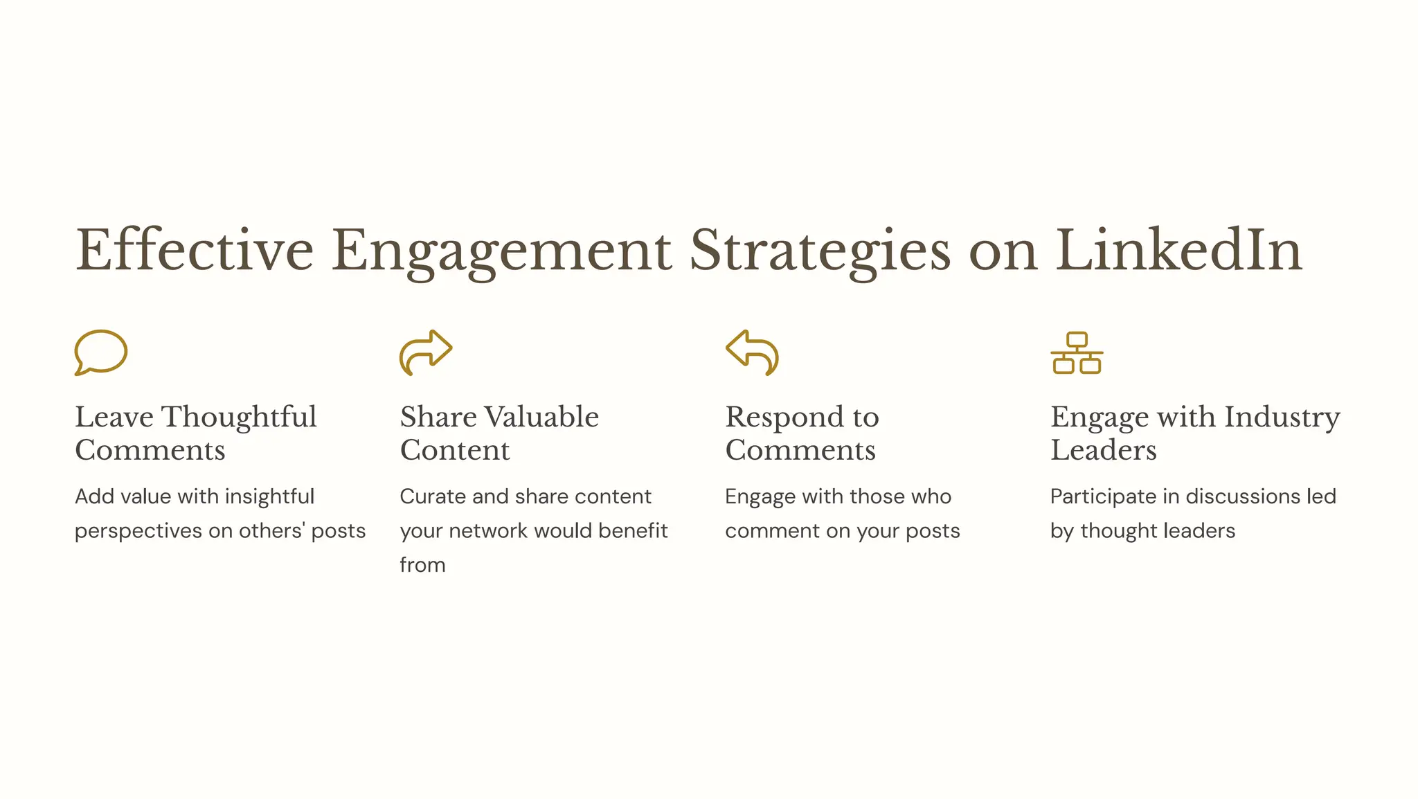 Effective Engagement Strategies on LinkedIn
Leave Thoughtful
Comments
Add value with insightful
perspectives on others' posts
Share Valuable
Content
Curate and share content
your network would benefit
from
Respond to
Comments
Engage with those who
comment on your posts
Engage with Industry
Leaders
Participate in discussions led
by thought leaders
 
