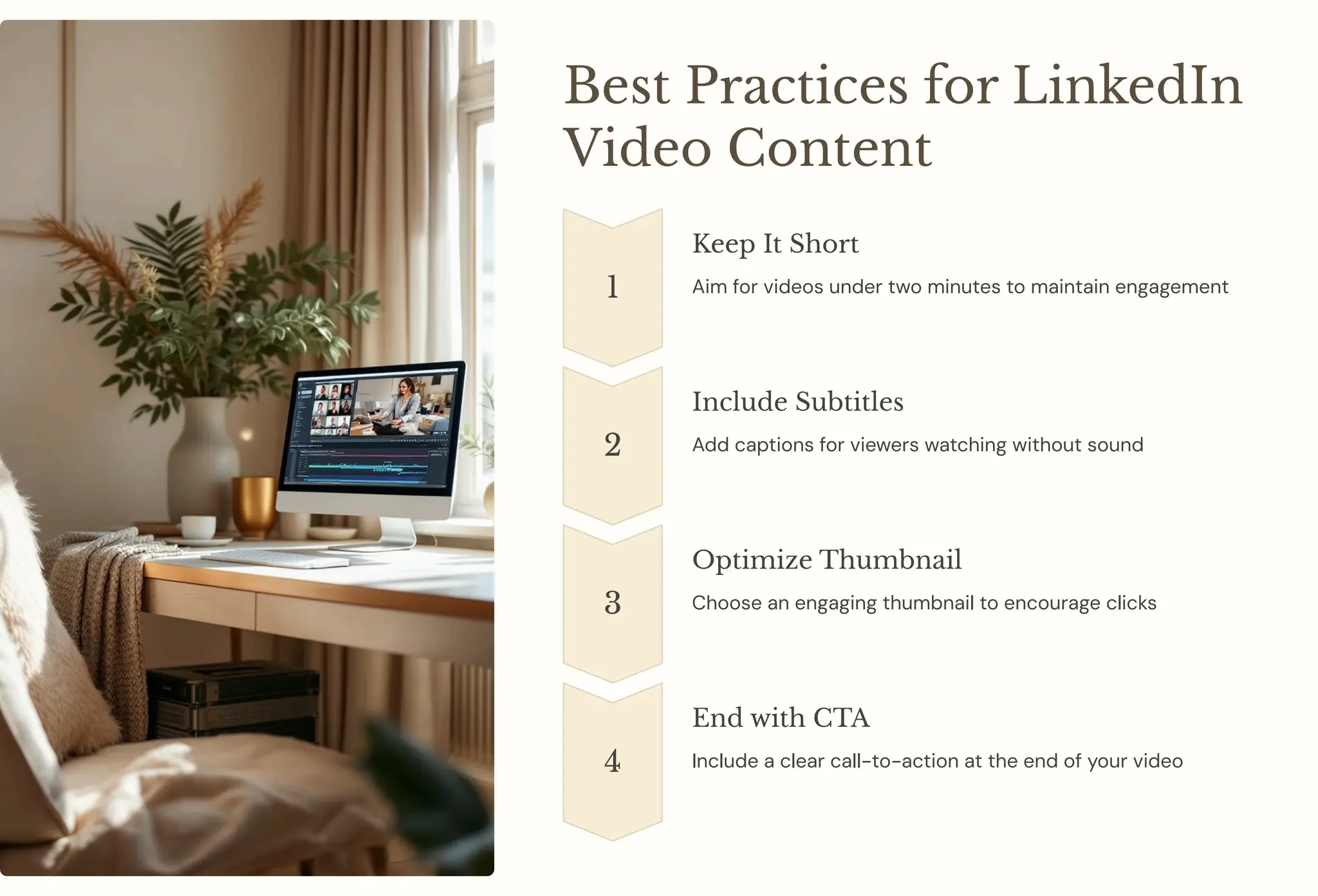 Best Practices for LinkedIn
Video Content
1
Keep It Short
Aim for videos under two minutes to maintain engagement
2
Include Subtitles
Add captions for viewers watching without sound
3
Optimize Thumbnail
Choose an engaging thumbnail to encourage clicks
4
End with CTA
Include a clear call-to-action at the end of your video
 