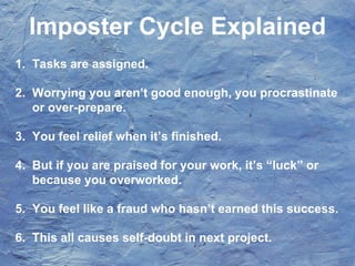 Imposter Cycle Explained
1. Tasks are assigned.
2. Worrying you aren’t good enough, you procrastinate
or over-prepare.
3. You feel relief when it’s finished.
4. But if you are praised for your work, it’s “luck” or
because you overworked.
5. You feel like a fraud who hasn’t earned this success.
6. This all causes self-doubt in next project.
 