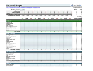 Personal Budget
http://www.vertex42.com/ExcelTemplates/personal-budget-spreadsheet.html                                                                                    © 2008 Vertex42 LLC

        Starting Balance          1,500                                                                                                        [42]          Total       Avg
           Total Income               0          0         0         0         0         0         0         0         0         0         0           0          0         0
         Total Expenses               0          0         0         0         0         0         0         0         0         0         0           0          0         0
NET (Income - Expenses)               0         0         0         0         0         0         0         0         0         0         0           0           0         0
  Projected End Balance           1,500     1,500     1,500     1,500     1,500     1,500     1,500     1,500     1,500     1,500     1,500       1,500
                                                                                                                                                                      Monthly
                                 JAN       FEB       MAR       APR       MAY       JUN       JUL       AUG       SEP       OCT       NOV         DEC         Total Average

INCOME
Wages & Tips                                                                                                                                                      0         0
Interest Income                                                                                                                                                   0         0
Dividends                                                                                                                                                         0         0
Gifts Received                                                                                                                                                    0         0
Refunds/Reimbursements                                                                                                                                            0         0
Transfer From Savings                                                                                                                                             0         0
Other                                                                                                                                                             0         0
Other                                                                                                                                                             0         0
                  Total INCOME         0         0         0         0         0         0         0         0         0         0         0           0          0         0

HOME EXPENSES
Mortgage/Rent                                                                                                                                                     0         0
Home/Rental Insurance                                                                                                                                             0         0
Electricity                                                                                                                                                       0         0
Gas/Oil                                                                                                                                                           0         0
Water/Sewer/Trash                                                                                                                                                 0         0
Phone                                                                                                                                                             0         0
Cable/Satellite                                                                                                                                                   0         0
Internet                                                                                                                                                          0         0
Furnishings/Appliances                                                                                                                                            0         0
Lawn/Garden                                                                                                                                                       0         0
Maintenance/Supplies                                                                                                                                              0         0
Improvements                                                                                                                                                      0         0
Other                                                                                                                                                             0         0
          Total HOME EXPENSES          0         0         0         0         0         0         0         0         0         0         0           0          0         0

TRANSPORTATION
Vehicle Payments                                                                                                                                                  0         0
Auto Insurance                                                                                                                                                    0         0
Fuel                                                                                                                                                              0         0
Bus/Taxi/Train Fare                                                                                                                                               0         0
Repairs                                                                                                                                                           0         0
Registration/License                                                                                                                                              0         0
Other                                                                                                                                                             0         0
        Total TRANSPORTATION           0         0         0         0         0         0         0         0         0         0         0           0          0         0

HEALTH
Health Insurance                                                                                                                                                  0         0
Doctor/Dentist                                                                                                                                                    0         0
 