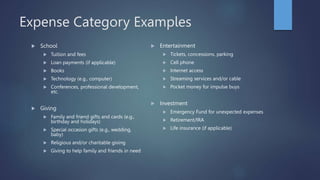 Expense Category Examples
 School
 Tuition and fees
 Loan payments (if applicable)
 Books
 Technology (e.g., computer)
 Conferences, professional development,
etc.
 Giving
 Family and friend gifts and cards (e.g.,
birthday and holidays)
 Special occasion gifts (e.g., wedding,
baby)
 Religious and/or charitable giving
 Giving to help family and friends in need
 Entertainment
 Tickets, concessions, parking
 Cell phone
 Internet access
 Streaming services and/or cable
 Pocket money for impulse buys
 Investment
 Emergency Fund for unexpected expenses
 Retirement/IRA
 Life insurance (if applicable)
 