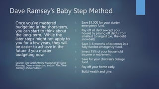 Dave Ramsey’s Baby Step Method
Once you’ve mastered
budgeting in the short-term,
you can start to think about
the long-term. While the
later steps might not apply to
you for a few years, they will
be easier to achieve in the
future if you master
budgeting now.
Source: The Total Money Makeover by Dave
Ramsey, Daveramsey.com, and/or The Dave
Ramsey Show Podcast
1. Save $1,000 for your starter
emergency fund.
2. Pay off all debt (except your
house) by paying off debts from
smallest to largest (i.e., the debt
snowball).
3. Save 3-6 months of expenses in a
fully funded emergency fund.
4. Invest 15% of your household
income in retirement.
5. Save for your children’s college
fund.
6. Pay off your home early.
7. Build wealth and give.
 