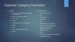 Expense Category Examples
 Health
 Insurance premiums (if not withheld
by employer)
 Rx/OTC medicines, vitamins
 Office visits
 Testing
 Health/Beauty/First Aid Supplies
 Dental
 Vision
 Fitness Equipment/Gym Fees
 Haircuts
 Transportation
 Insurance premiums
 Fuel
 Tires/brakes
 Car wash
 Tolls
 Oil change and tire rotation
 Minor car maintenance/parts
 Registration Renewal
 State Inspection
 Taxes
 Parking (non-entertainment related)
 Uber/Lyft/Taxi fees
 