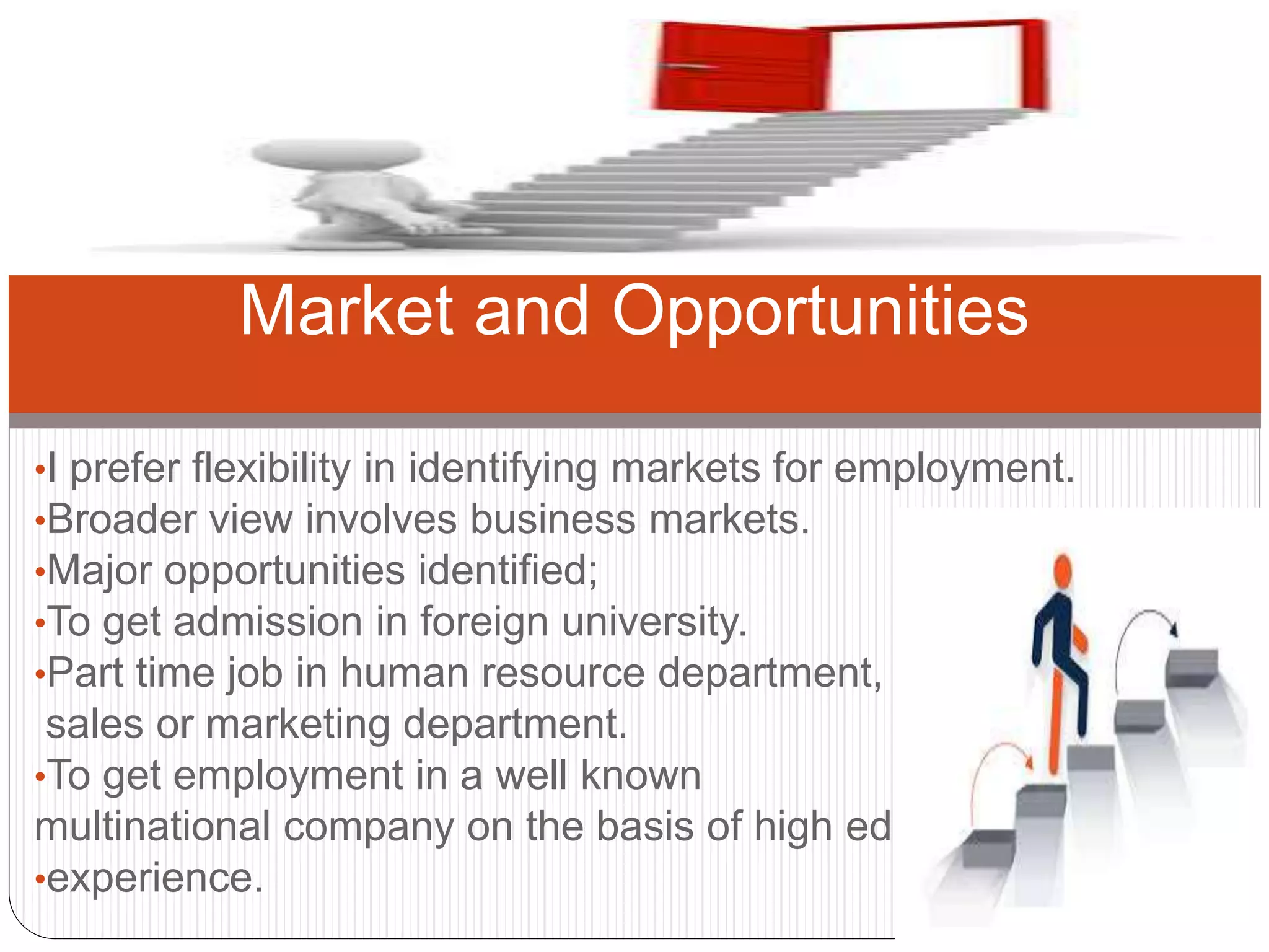 •I prefer flexibility in identifying markets for employment.
•Broader view involves business markets.
•Major opportunities identified;
•To get admission in foreign university.
•Part time job in human resource department,
sales or marketing department.
•To get employment in a well known
multinational company on the basis of high education and job
•experience.
Market and Opportunities
 