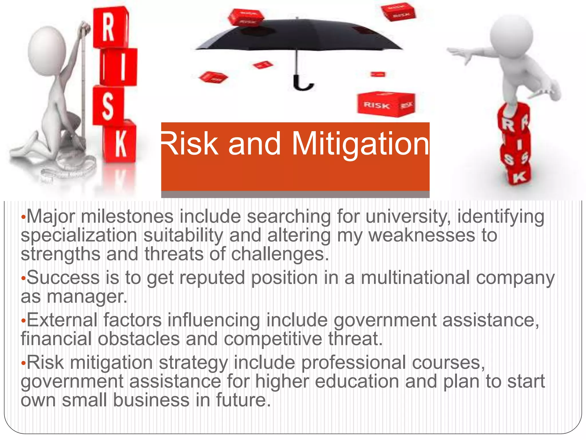 •Major milestones include searching for university, identifying
specialization suitability and altering my weaknesses to
strengths and threats of challenges.
•Success is to get reputed position in a multinational company
as manager.
•External factors influencing include government assistance,
financial obstacles and competitive threat.
•Risk mitigation strategy include professional courses,
government assistance for higher education and plan to start
own small business in future.
Risk and Mitigation
 