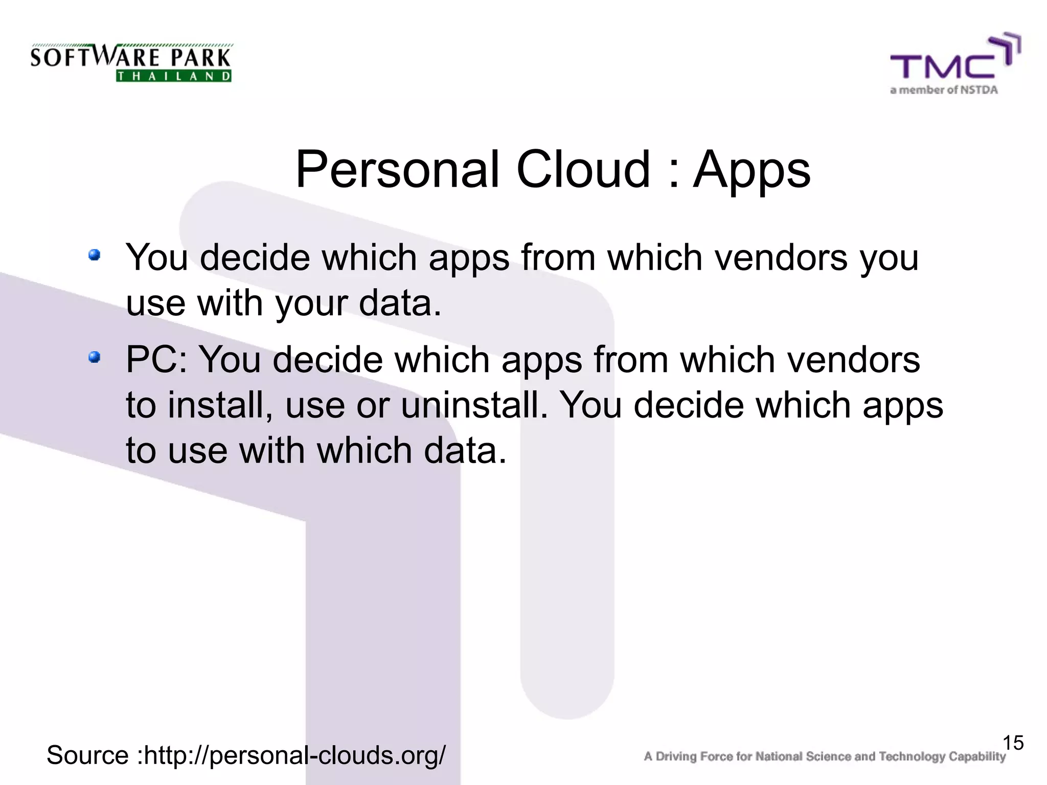 Personal Cloud : Apps
      You decide which apps from which vendors you
      use with your data.
      PC: You decide which apps from which vendors
      to install, use or uninstall. You decide which apps
      to use with which data.




                                                            15
Source :http://personal-clouds.org/
 
