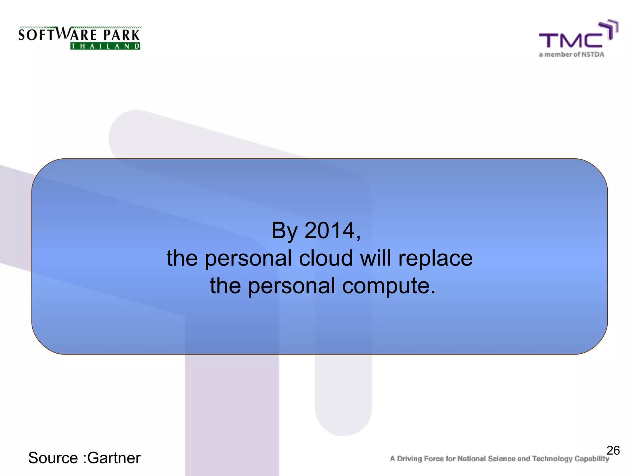 By 2014,
                  the personal cloud will replace
                      the personal compute.




                                                    26
Source :Gartner
 