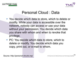 Personal Cloud : Data
      You decide which data to store, which to delete or
      modify. While your data is accessible over the
      network, nobody can access or use your data
      without your permission. You decide which data
      you share with whom and when to revoke that
      privilege.
      PC: You decide which data to store, which to
      delete or modify. You decide which data you
      copy, print out, or e-mail to whom.

                                                           14
Source :http://personal-clouds.org/
 