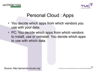 Personal Cloud : Apps
      You decide which apps from which vendors you
      use with your data.
      PC: You decide which apps from which vendors
      to install, use or uninstall. You decide which apps
      to use with which data.




                                                            15
Source :http://personal-clouds.org/
 