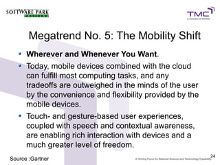Megatrend No. 5: The Mobility Shift
      Wherever and Whenever You Want.
      Today, mobile devices combined with the cloud
      can fulfill most computing tasks, and any
      tradeoffs are outweighed in the minds of the user
      by the convenience and flexibility provided by the
      mobile devices.
      Touch- and gesture-based user experiences,
      coupled with speech and contextual awareness,
      are enabling rich interaction with devices and a
      much greater level of freedom.
                                                           24
Source :Gartner
 