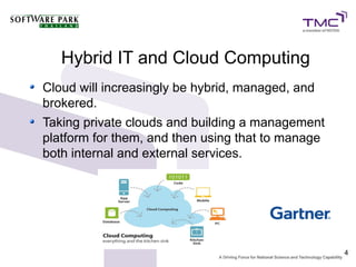 Hybrid IT and Cloud Computing
Cloud will increasingly be hybrid, managed, and
brokered.
Taking private clouds and building a management
platform for them, and then using that to manage
both internal and external services.




                                                   4
 