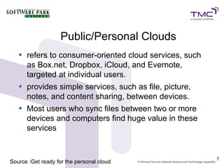Public/Personal Clouds
      refers to consumer-oriented cloud services, such
      as Box.net, Dropbox, iCloud, and Evernote,
      targeted at individual users.
      provides simple services, such as file, picture,
      notes, and content sharing, between devices.
      Most users who sync files between two or more
      devices and computers find huge value in these
      services


                                                         7
Source :Get ready for the personal cloud
 
