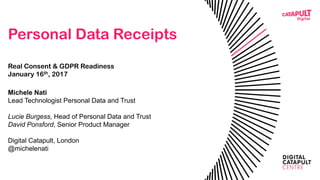 Personal Data Receipts
Real Consent & GDPR Readiness
January 16th, 2017
Michele Nati
Lead Technologist Personal Data and Trust
Lucie Burgess, Head of Personal Data and Trust
David Ponsford, Senior Product Manager
Digital Catapult, London
@michelenati
 