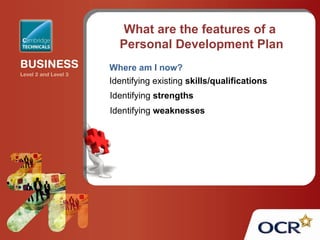 Where am I now?
Identifying strengths
Identifying weaknesses
Identifying existing skills/qualifications
What are the features of a
Personal Development Plan
 