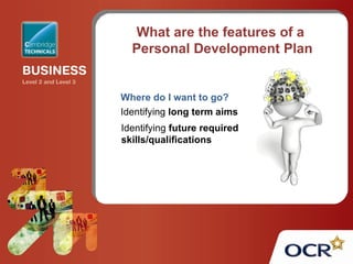 What are the features of a
Personal Development Plan
Where do I want to go?
Identifying future required
skills/qualifications
Identifying long term aims
 