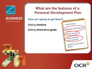 What are the features of a
Personal Development Plan
How am I going to get there?
Setting short-term goals
Setting timeline Start/now
Attend all lessons
Work hard
Pass exams /
coursework
Start University /
Work
 