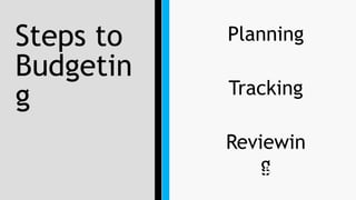 Steps to
Budgetin
g
Planning
Tracking
Reviewin
g
P-T-R
 