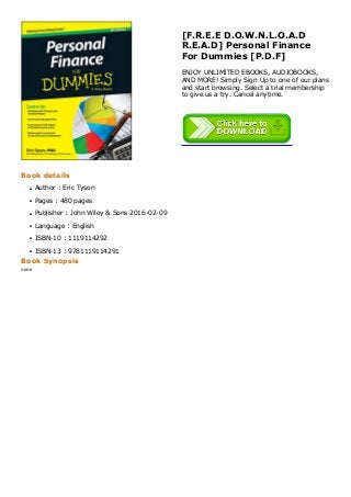 F.R.E.E D.O.W.N.L.O.A.D R.E.A.D] Personal Finance For Dummies [P.D.F]