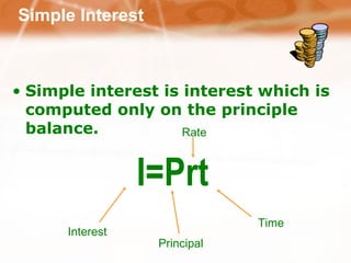 Simple Interest Simple interest is interest  which is computed only on the principle balance . I=Prt Interest Principal Rate Time 