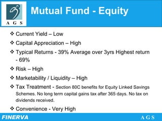 Mutual Fund - Equity Current Yield – Low Capital Appreciation – High Typical Returns - 39% Average over 3yrs Highest return - 69% Risk – High Marketability / Liquidity – High Tax Treatment -  Section 80C benefits for Equity Linked Savings Schemes. No long term capital gains tax after 365 days. No tax on dividends received. Convenience - Very High 