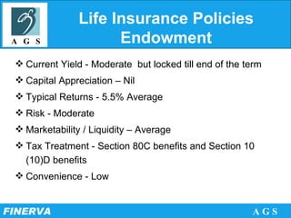 Life Insurance Policies Endowment Current Yield - Moderate  but locked till end of the term Capital Appreciation – Nil Typical Returns - 5.5% Average  Risk - Moderate  Marketability / Liquidity – Average Tax Treatment - Section 80C benefits and Section 10 (10)D benefits Convenience - Low 