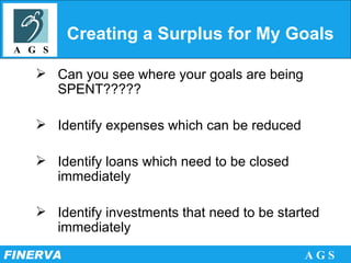 Creating a Surplus for My Goals Can you see where your goals are being SPENT????? Identify expenses which can be reduced Identify loans which need to be closed immediately Identify investments that need to be started immediately 