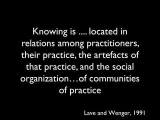 Knowing is .... located in
relations among practitioners,
their practice, the artefacts of
that practice, and the social
organization…of communities
of practice
Lave and Wenger, 1991
 
