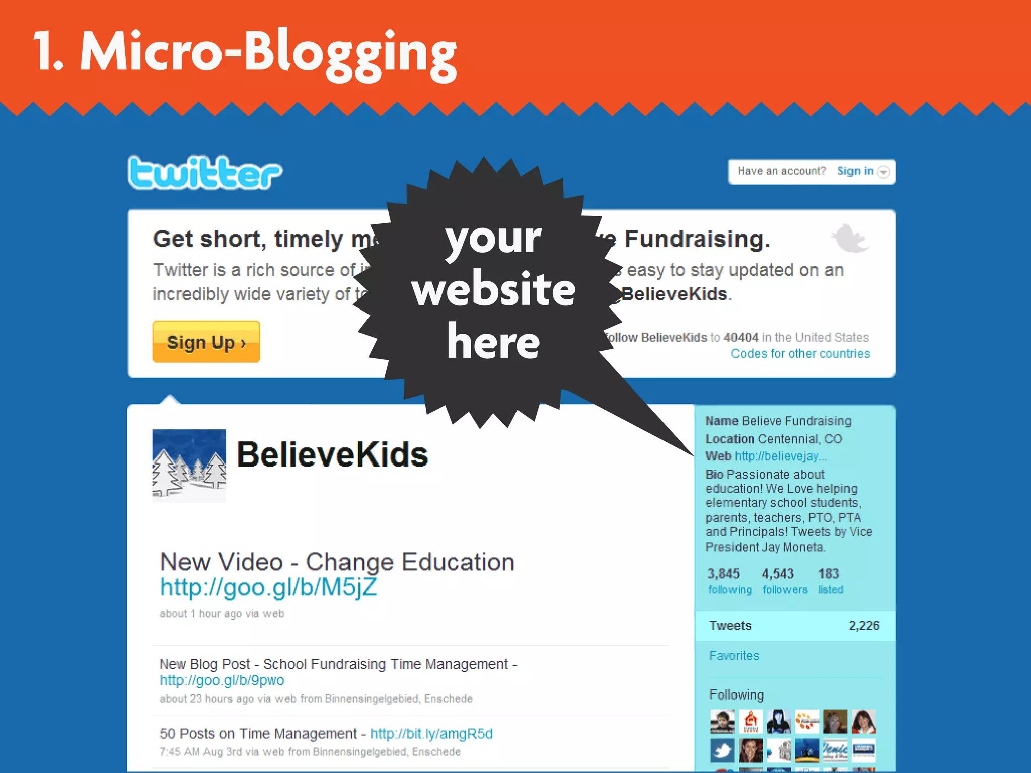 1. Micro-Blogging


                your
               website
                here
 