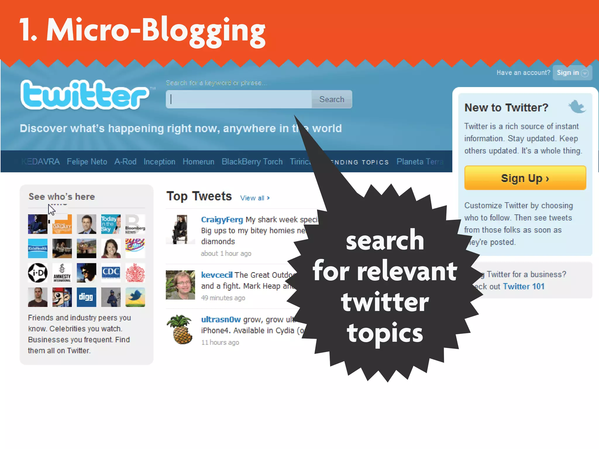 1. Micro-Blogging




                       search
                    for relevant
                      twitter
                       topics
 