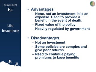 Requirement
6c
Life
Insurance
• Advantages
– None, not an investment. It is an
expense. Used to provide a
benefit in the event of death.
– Fixed value of the policy
– Heavily regulated by government
• Disadvantages
– Not an investment
– Some policies are complex and
give poor returns
– Need to continue paying
premiums to keep benefits
 