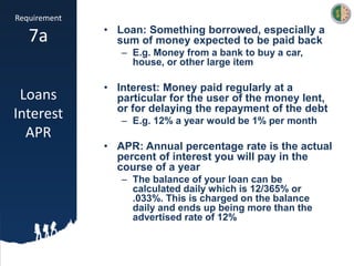 Requirement
7a
Loans
Interest
APR
• Loan: Something borrowed, especially a
sum of money expected to be paid back
– E.g. Money from a bank to buy a car,
house, or other large item
• Interest: Money paid regularly at a
particular for the user of the money lent,
or for delaying the repayment of the debt
– E.g. 12% a year would be 1% per month
• APR: Annual percentage rate is the actual
percent of interest you will pay in the
course of a year
– The balance of your loan can be
calculated daily which is 12/365% or
.033%. This is charged on the balance
daily and ends up being more than the
advertised rate of 12%
 