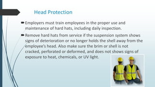 Head Protection
Employers must train employees in the proper use and
maintenance of hard hats, including daily inspection.
Remove hard hats from service if the suspension system shows
signs of deterioration or no longer holds the shell away from the
employee’s head. Also make sure the brim or shell is not
cracked, perforated or deformed, and does not shows signs of
exposure to heat, chemicals, or UV light.
 