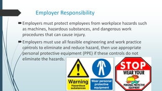 Employer Responsibility
Employers must protect employees from workplace hazards such
as machines, hazardous substances, and dangerous work
procedures that can cause injury.
Employers must use all feasible engineering and work practice
controls to eliminate and reduce hazard, then use appropriate
personal protective equipment (PPE) if these controls do not
eliminate the hazards.
 