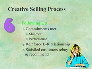 Following Up Commitments met Shipment Performance Reinforce L-R relationship Satisfied customers rebuy & recommend Creative Selling Process 