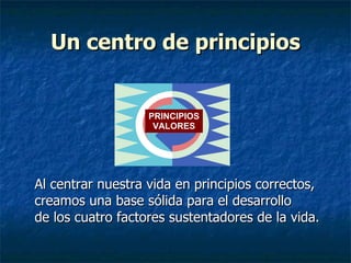 Un centro de principios Al centrar nuestra vida en principios correctos,  creamos una base sólida para el desarrollo de los cuatro factores sustentadores de la vida. PRINCIPIOS VALORES 