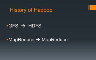 History of Hadoop

GFS  HDFS

MapReduce  MapReduce
 