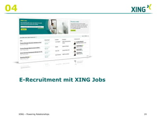 03XING – Demographie (1)AltersstrukturGeschlechterverteilung15XING – Powering RelationshipsÜber 2/3 der Mitglieder sind zwischen 18 und 40 Jahre altRund 2/3 aller Mitglieder sind männlich10% sind 18 - 26 Jahre alt21%sind 27 – 30 Jahre alt35% sind weiblich8%sind über 50 Jahre alt65% sind männlich23%sind 41 - 50 Jahre alt38%sind 31 - 40 Jahre alt(1)  Quelle: Eigene Erhebungen der XING AG, deutschsprachiger Raum, Dezember 2009