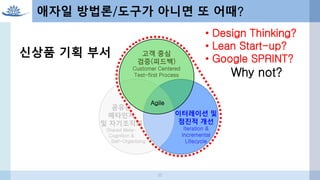 이터레이션 및
점진적 개선
Iteration &
Incremental
Lifecycle
공유된
메타인지
및 자기조직화
Shared Meta-
Cognition &
Self-Organizing
고객 중심
검증(피드백)
Customer Centered
Test-first Process
Agile
애자일 방법론/도구가 아니면 또 어때?
• Design Thinking?
• Lean Start-up?
• Google SPRINT?
Why not?
신상품 기획 부서
32
 