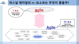 agile
퍼스널 애자일의 m-요소로는 무엇이 좋을까?
Scrum XP
Crystal
Scrum-
Ban
AUP
DSDM
FDD
Kanban
Design
Thinking
Google
SPRINTLean
Start-up
LeSS Spotify
Model
36
Agile
i-요소
(instructions,
지침/관념)
m-요소
(materials,
방법론/도구/제도)
 