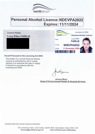 Personal Alcohol Licence