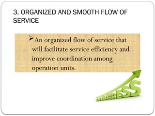 3. ORGANIZED AND SMOOTH FLOW OF
SERVICE
An organized flow of service that
will facilitate service efficiency and
improve coordination among
operation units.
 