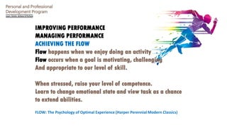 Personal and Professional
Development Program
IMPROVING PERFORMANCE
MANAGING PERFORMANCE
ACHIEVING THE FLOW
Flow happens when we enjoy doing an activity
Flow occurs when a goal is motivating, challenging
And appropriate to our level of skill.
When stressed, raise your level of competence.
Learn to change emotional state and view task as a chance
to extend abilities.
FLOW: The Psychology of Optimal Experience (Harper Perennial Modern Classics)
 