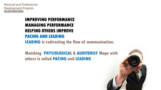 Personal and Professional
Development Program
IMPROVING PERFORMANCE
MANAGING PERFORMANCE
HELPING OTHERS IMPROVE
PACING AND LEADING
LEADING is redirecting the flow of communication.
Matching PHYSIOLOGICAL & AUDITORILY Maps with
others is called PACING and LEADING
 