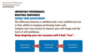 Personal and Professional
Development Program
IMPROVING PERFORMANCE
BOOSTING CONFIDENCE
SEEING YOUR ACHIEVEMENT
The differ...