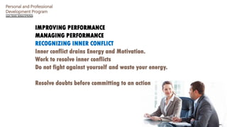 Personal and Professional
Development Program
IMPROVING PERFORMANCE
MANAGING PERFORMANCE
RECOGNIZING INNER CONFLICT
Inner ...